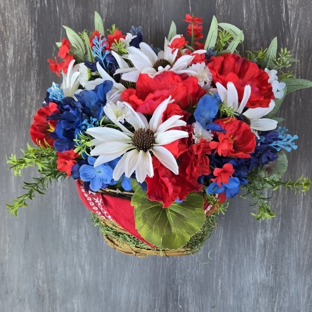 Handmade Patriotic Floral Basket Door Hanger Wreath 4th Of July Summer Wreath